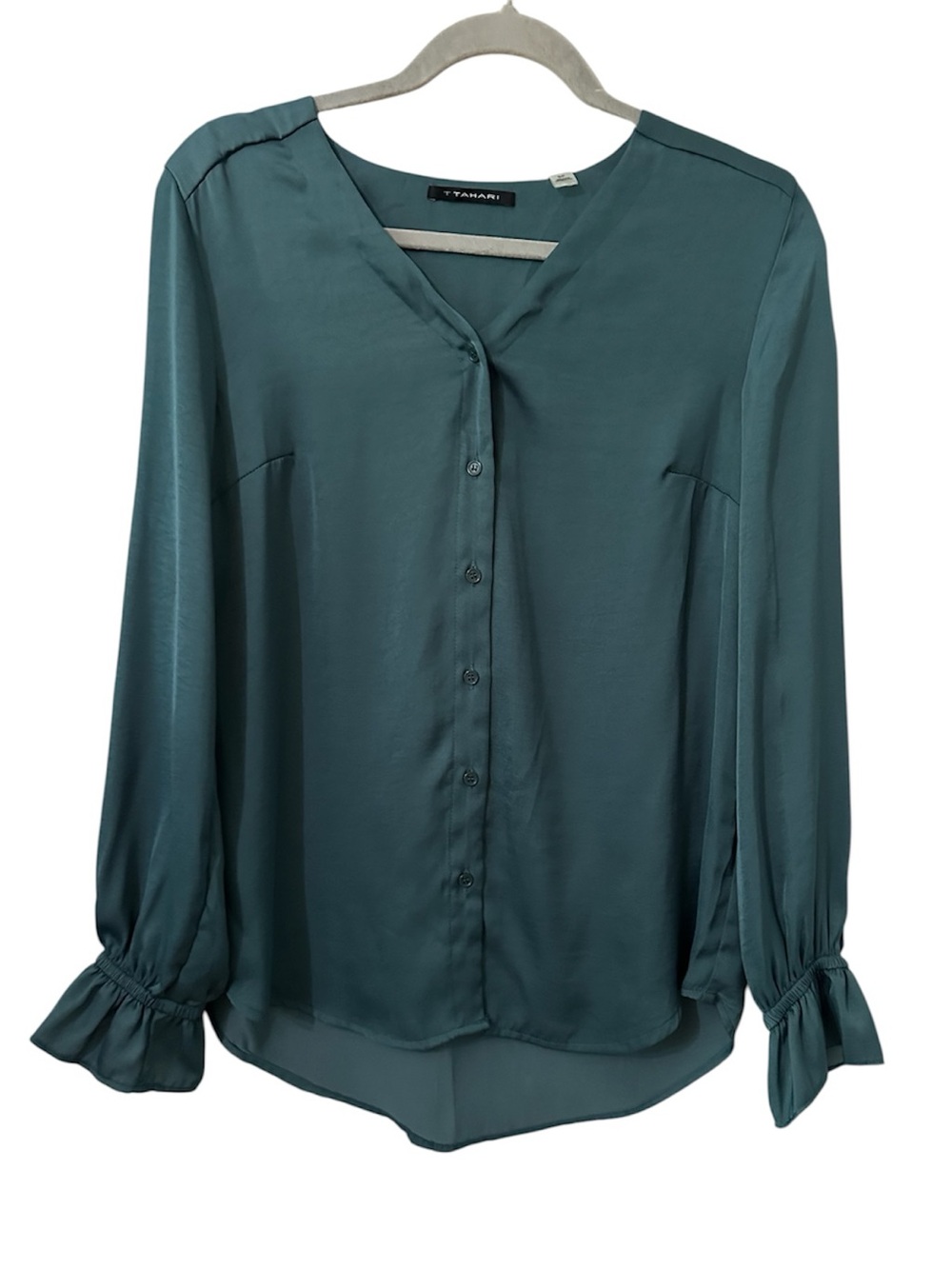 T Tahari Ruffle Cuff V-Neck Button Front Blouse